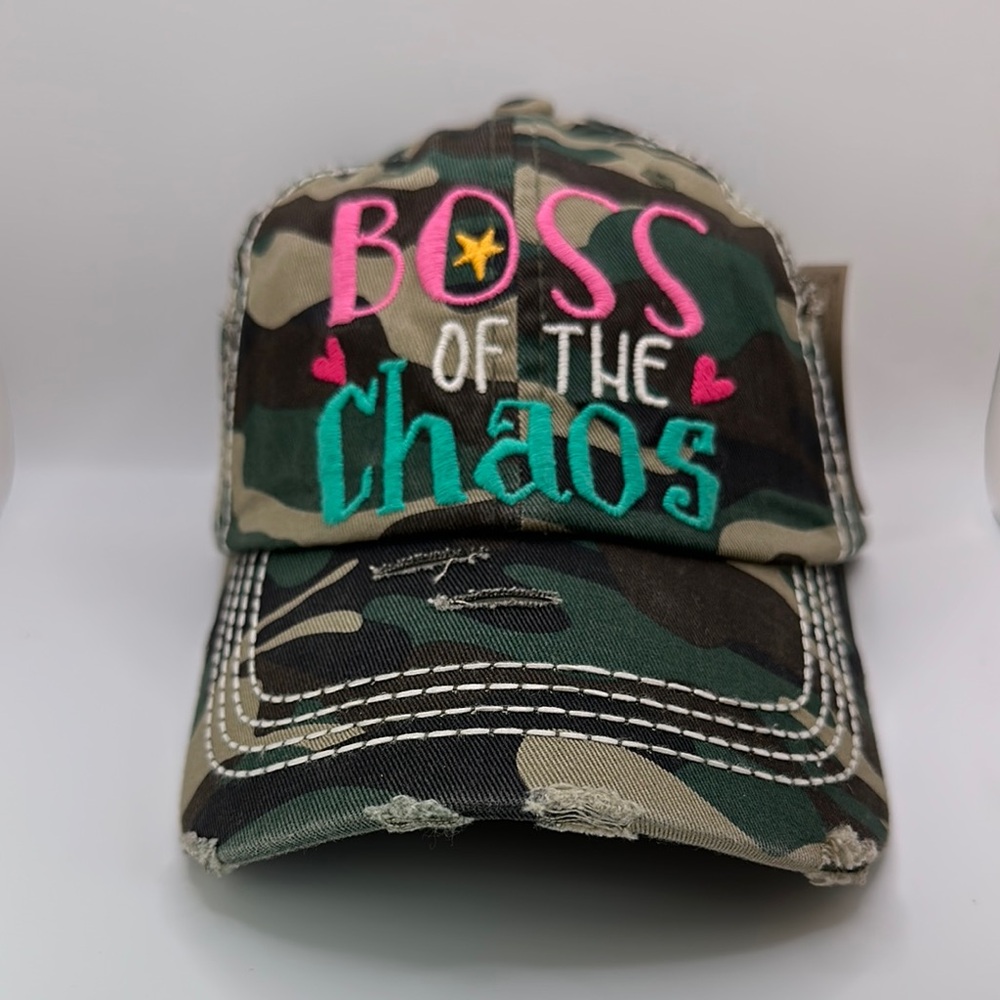Camo 'Boss of the Chaos' Women's Vintage Style Distressed Ball Cap